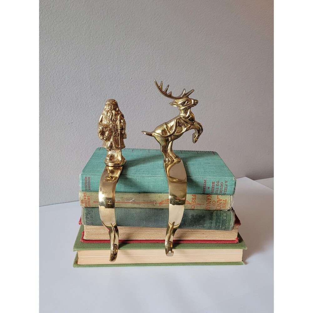 Vintage Solid Brass Christmas Stocking Hanger Holder Santa or Reindeer 1990s